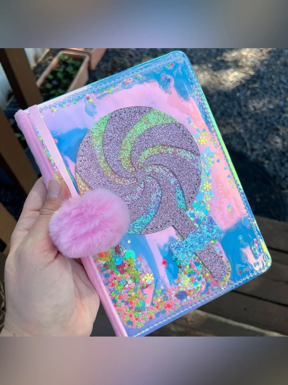 Holographic Kawaii Pink Blue Lollipop with Bow Glitter Notebook